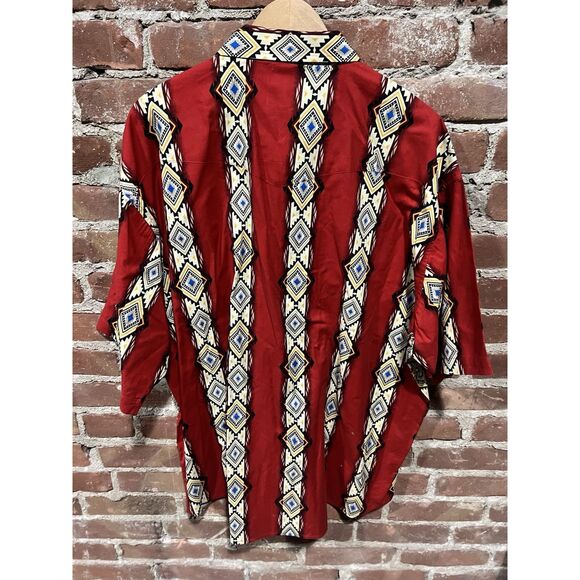 Wrangler Wrancher Western Pearl Snap Shirt Mens 2X Red Short Sleeve Aztec - Picture 3 of 6